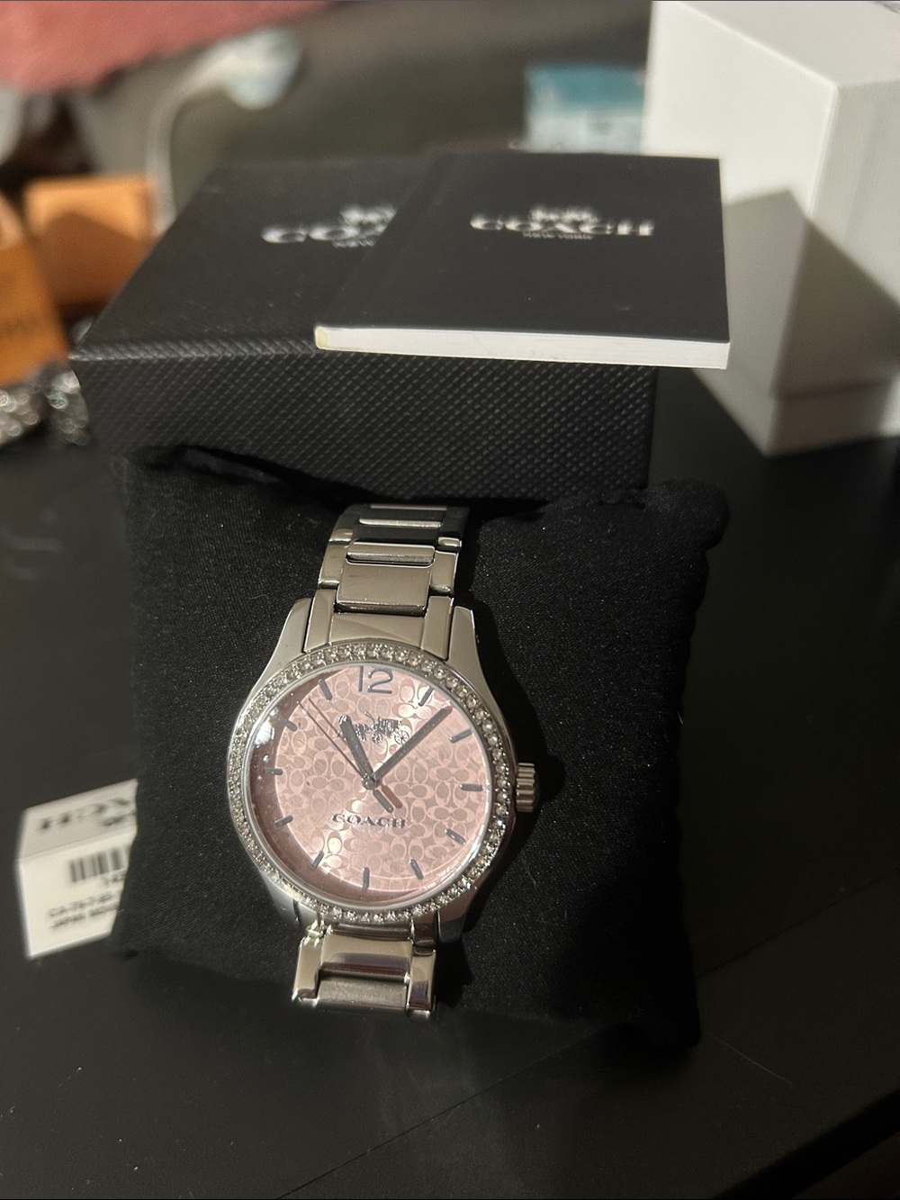 Coach Silver-Tone Bracelet Watch with Pink Signature Dial